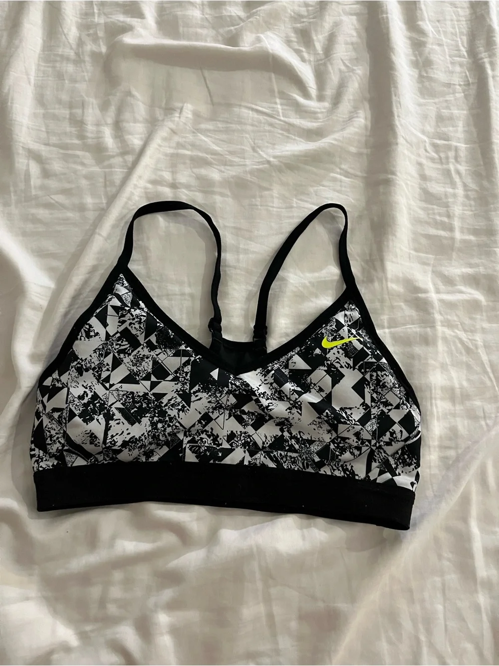 Nike Black & White Geometric-Print Racerback Sports Bra with Neon Swoosh